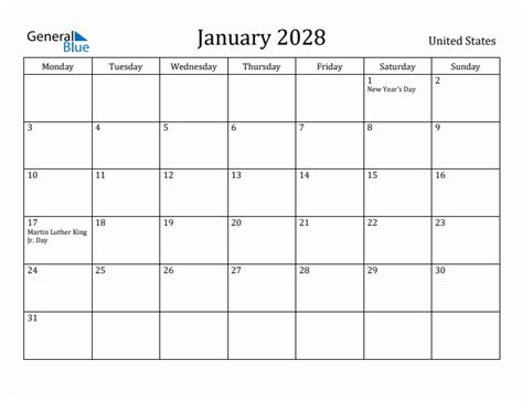 January 2028 United States Monthly Calendar With Holidays