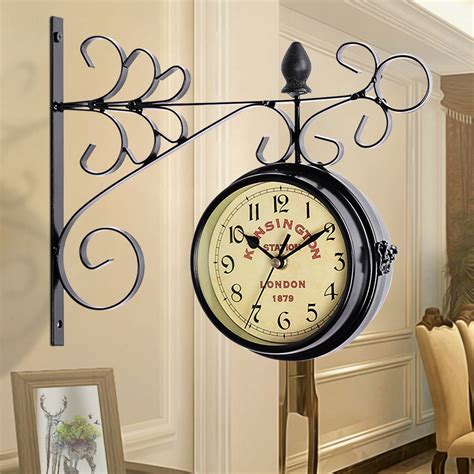 Double Sided Wall Clock Iron Antique Look Wall Hanging Two Faces Retro