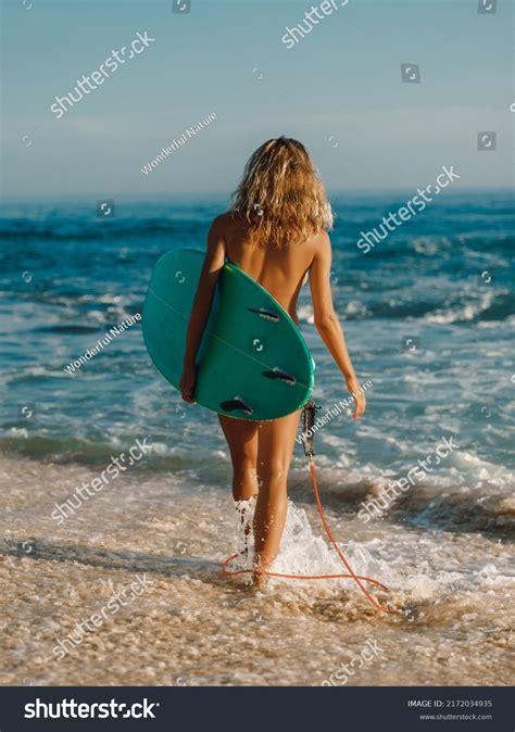 Naked Surf Woman Surfboard On Beach Stock Photo 2172034935 Shutterstock