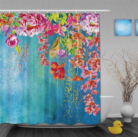 Custom Watercolor Beautiful Red Floral And Blue Pattern Background Shower Curtains Waterproof