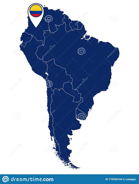 Flag Of Colombia In Location Pin And Map Of South America Stock Vector
