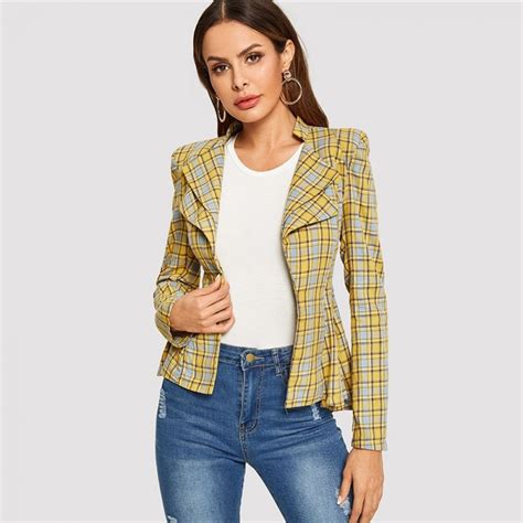 Yellow Structured Shoulder Layered Collar Peplum Top Plaid Blazer At 52