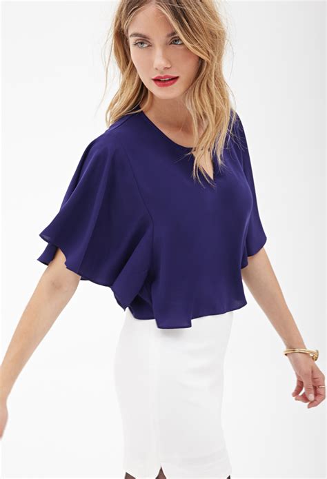 Lyst Forever 21 Contemporary Flutter Sleeve Crepe Blouse In Purple