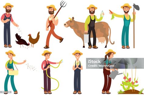 Stock Ilustrace Kreslený Farmář A Zahradníci S Nástroji A Hospodářskými