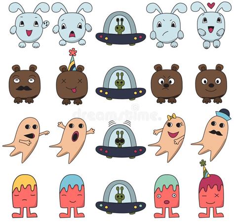 Funny Character Faces Avatarsdoodle Style Vector Icons Set Stock