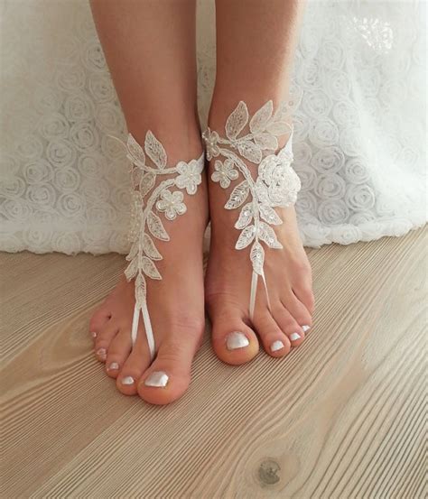 ivory barefoot french lace sandals wedding anklet beach wedding barefoot sandals