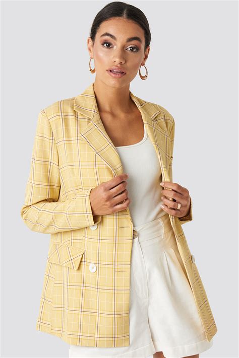 Plaid Double Breasted Blazer Yellow Na Kd