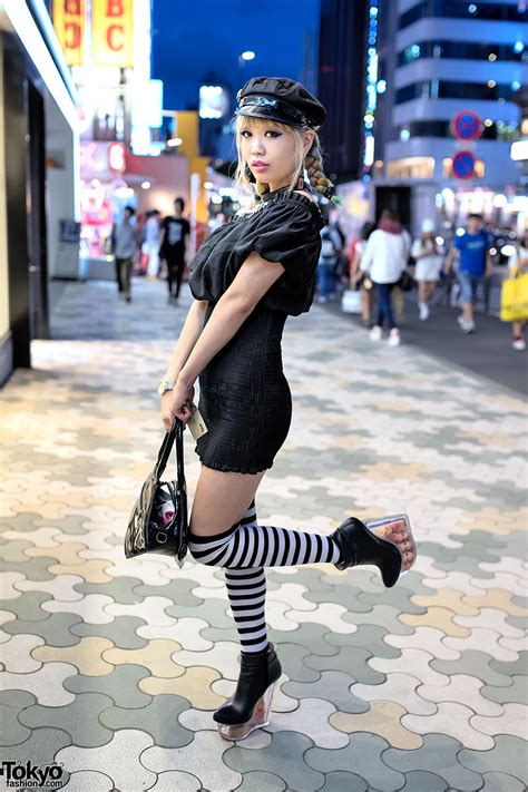 Blonde Braids Bodycon Striped Socks And Doll Head Platforms In Harajuku