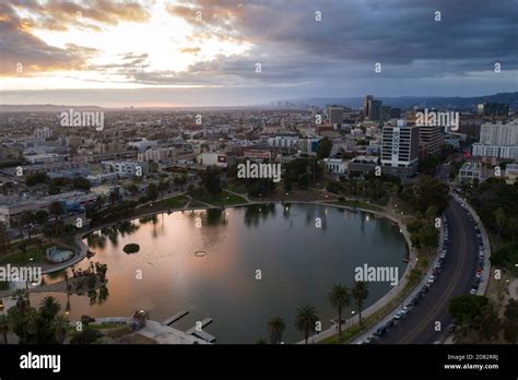 Aerial View Over Macarthur Park Lake Near Downtown Los Angeles