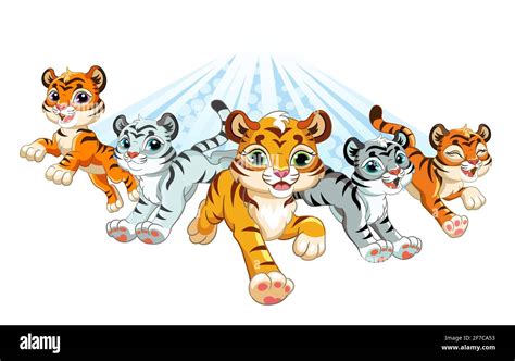 Five Cute Brave Tigers Running Forward Cartoon Characters Vector