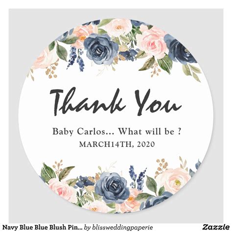 Navy Blue Blue Blush Pink Rose Botanical Classic Round Sticker Zazzle