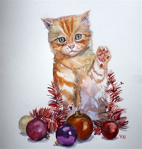 Christmas Kitten Art Original Watercolor Painting Cute Animal Etsy