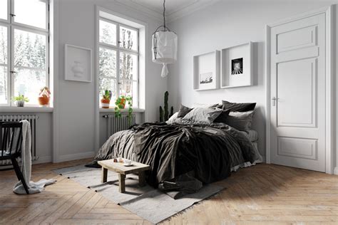 How stunning is this scandinavian style bedroom with that glorious light filtering through the window pains and onto the bed area. VWArtclub - Scandinavian Bedroom