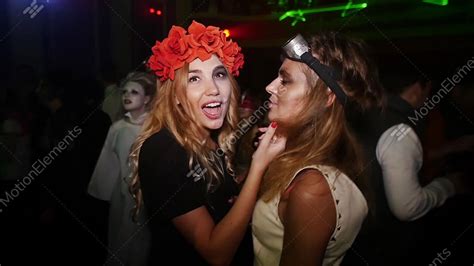 Sexy Lesbian At Halloween Party In Nightclub Flower Rim Aviator