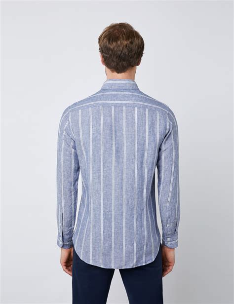Linen Striped Slim Fit Shirt With Button Down Collar And Single Cuff In
