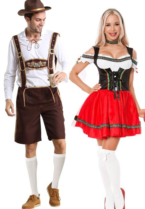 Couple Red Oktoberfest Heidi Beer German Lederhosen Costume