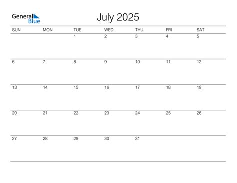 July 2025 Calendar Pdf Word Excel