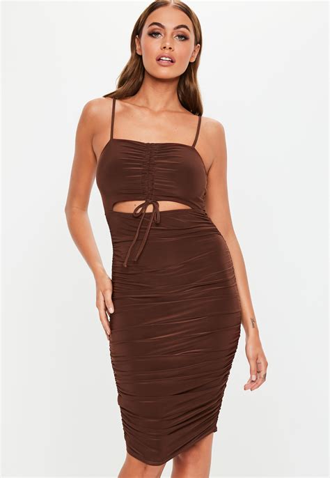 Lyst Missguided Chocolate Cut Out Strappy Slinky Ruched Mini Dress In