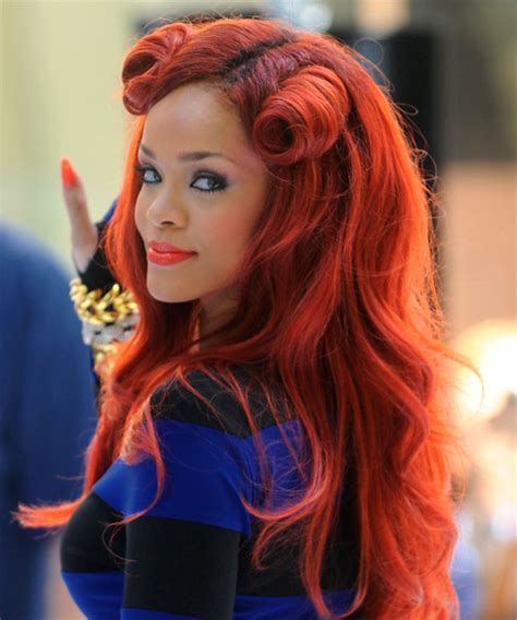 Rihanna Long Curly Formal Half Up Hairstyle Bright Red Hair Color