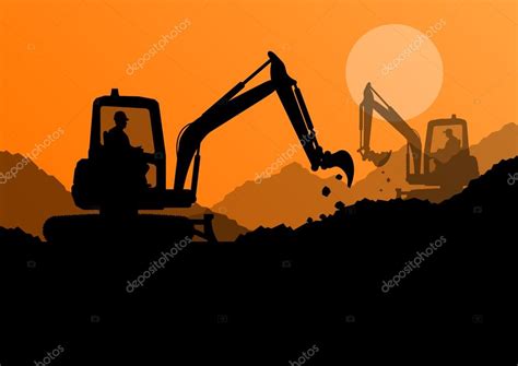 Excavator Loaders And Workers Digging At Construction Site With — Stock