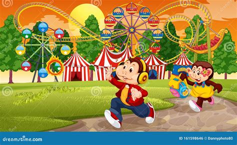 Monkey Kids And Amusement Park Scene Stock Vector Illustration Of