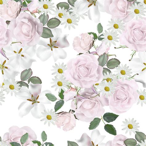 Floral Seamless Pattern White Roses And Daisy Flower Seamless Digital