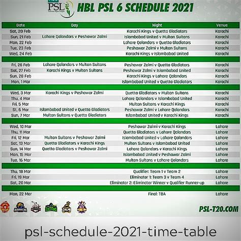 Islamabad did it twice, in psl 2016 and psl 2018, while peshawar zalmi, quetta gladiators, and fans are always excited to see the psl schedule of their teams and mark their calendars to watch. PSL Schedule 2021 Time Table - HBL PSL 6 Match Schedule ...