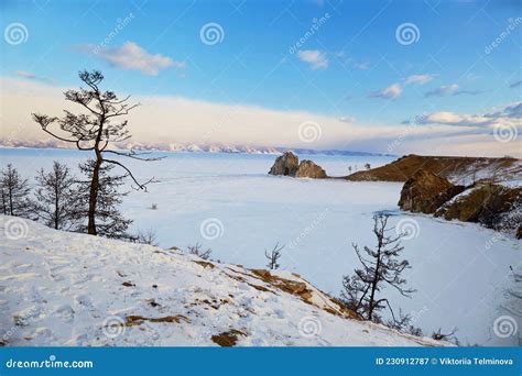 View Of Cape Burhan Or Shamanka Rock On Olkhon Island In Winter Frozen