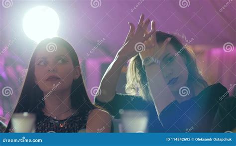 Drunk Girl Dances Near Bar In Slow Motion Blurred Background Stock