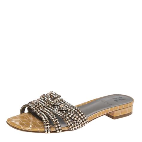 Gina Beige Croc Embossed Patent Leather Crystal Embellished Loren Slide Sandals Size 395 Gina