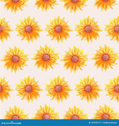 Cute Sunflowers In A Seamless Pattern Design Stock Illustration