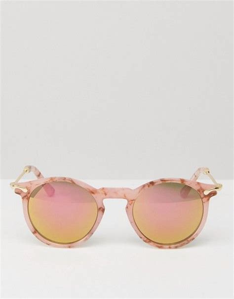 asos round sunglasses with metal arms in pink marble transfer and flash lens asos round
