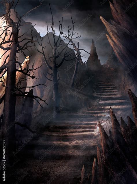 Gloomy Creepy Fantasy Landscape With Sharp Rocks And Dead Dry Trees