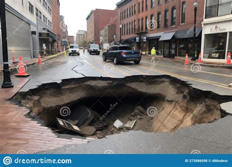 Sinkhole Forming In City Street With Debris And Car Visible Stock