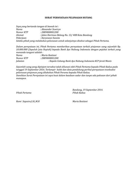 Contoh Surat Pernyataan Pelunasan Hutang Kepada Bank Surat Pernyataan