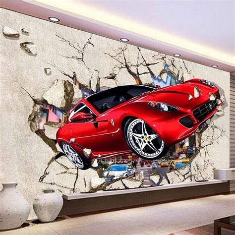3d Red Car Broken Wall Photo Wallpaper Mural Home Or Business