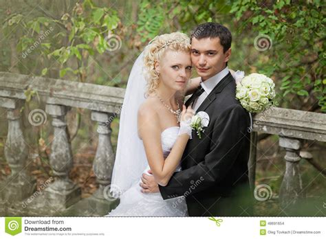 Couple In Love Bride And Groom Together In Bridal Summer Day Stock