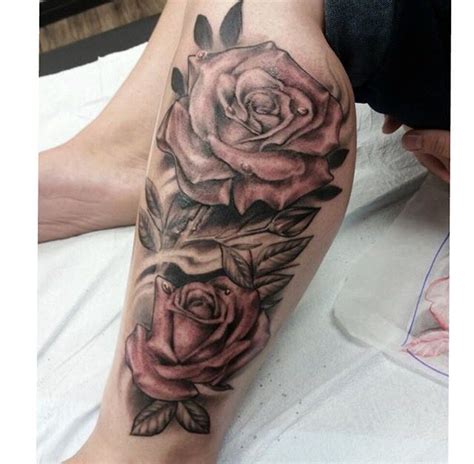 Black And Grey Shade Roses Realistic Rose Tattoo On Calf Black And