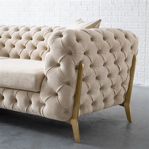 2320mm Beige Modern Chesterfield Sofa 3 Seater Button Tufted Back Leath