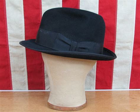 Vintage 1960s Mallory Fifth Avenue Black Wool Felt Fedora Hat Size 6 7