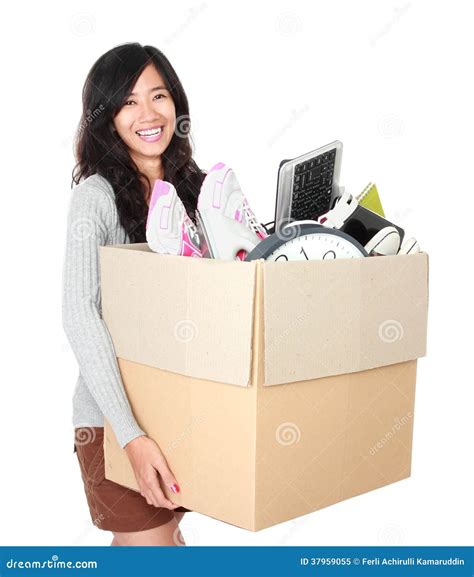 Moving Day Woman With Her Stuff Inside The Cardboard Box Stock Image