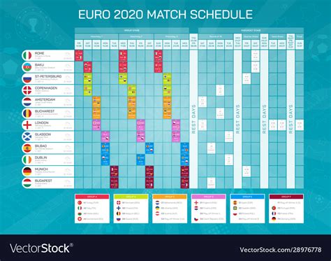Euro 2020 begins with the opening game at the olympic stadium in rome, italy on 12 june 2020. Euro 2020 match schedule Royalty Free Vector Image
