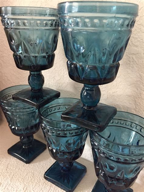 Charming Vintage Blue Glass Goblets Set Of 5 Indiana Glass Vintage Stemware Retro Mid Century