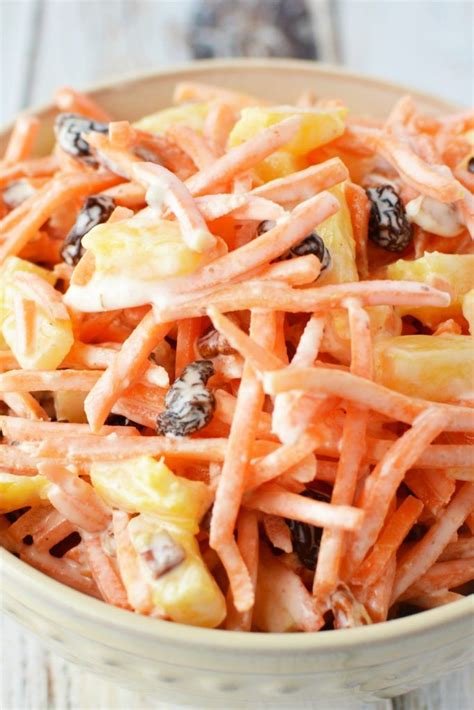 Cook until the potatoes are just tender, about 20 place the potatoes in a bowl, season lightly with salt and pepper and gently toss with two tablespoons of the vinegar and one tablespoon of the oil. Shredded carrot salad with raisins and pineapple is the ...