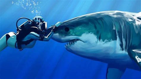 Digital Art Drawing Underwater Shark Sun Rays Blue