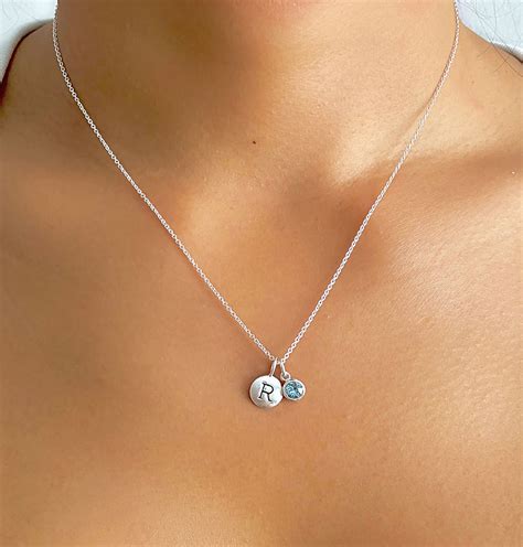 Silver Initial And Birthstone Charm Necklace Birthstone Etsy