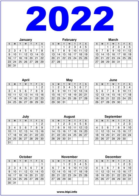 Calendar 2022 Us Printable Blue