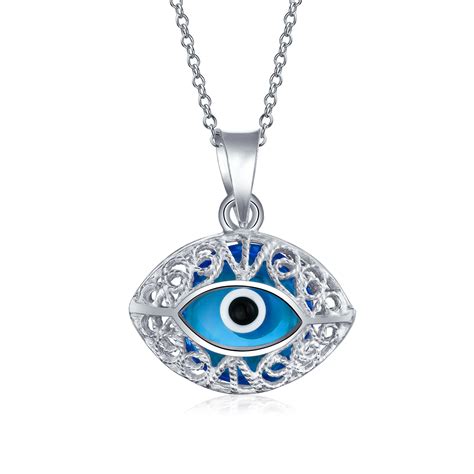 Oval Evil Eye Blue Eye Filigree Sterling Silver Pendant Charm Necklace