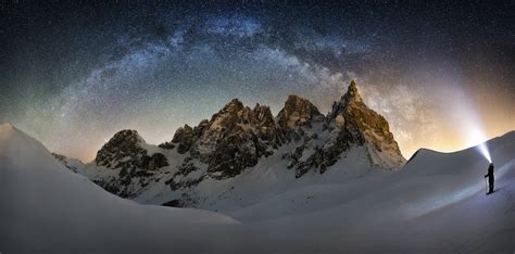 Skiers Landscape Milky Way Snow Mountains Snowy Peak Starry Night