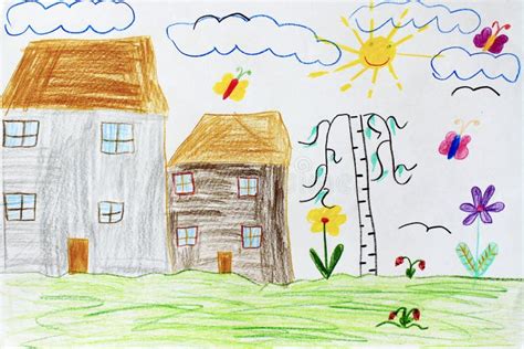 Children S Drawing With Butterflies Birch Houses And Flowers Stock